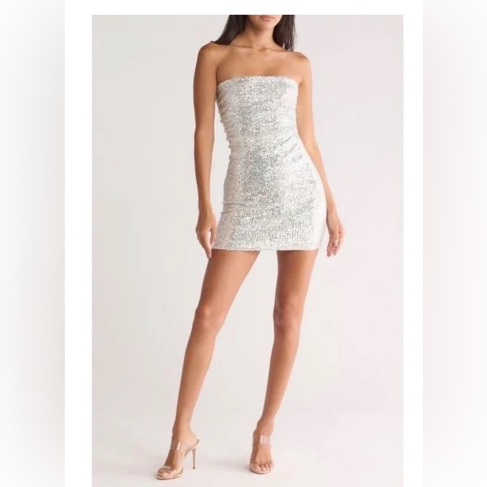 Silver Sequin Strapless Mini Dress